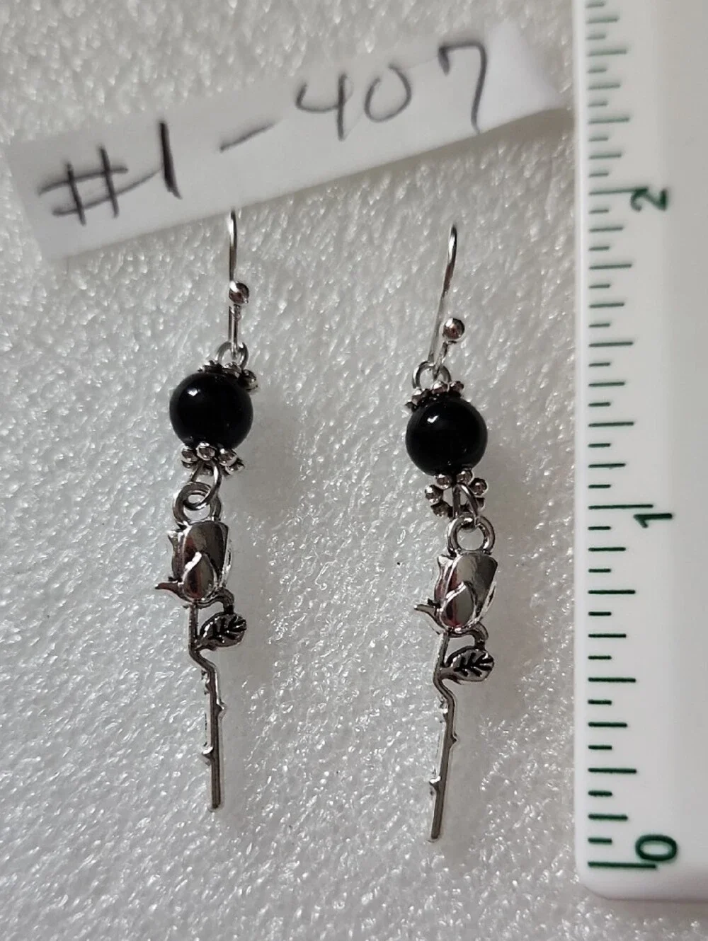 Hand Crafted Black Bead Silver Dangle Earrings